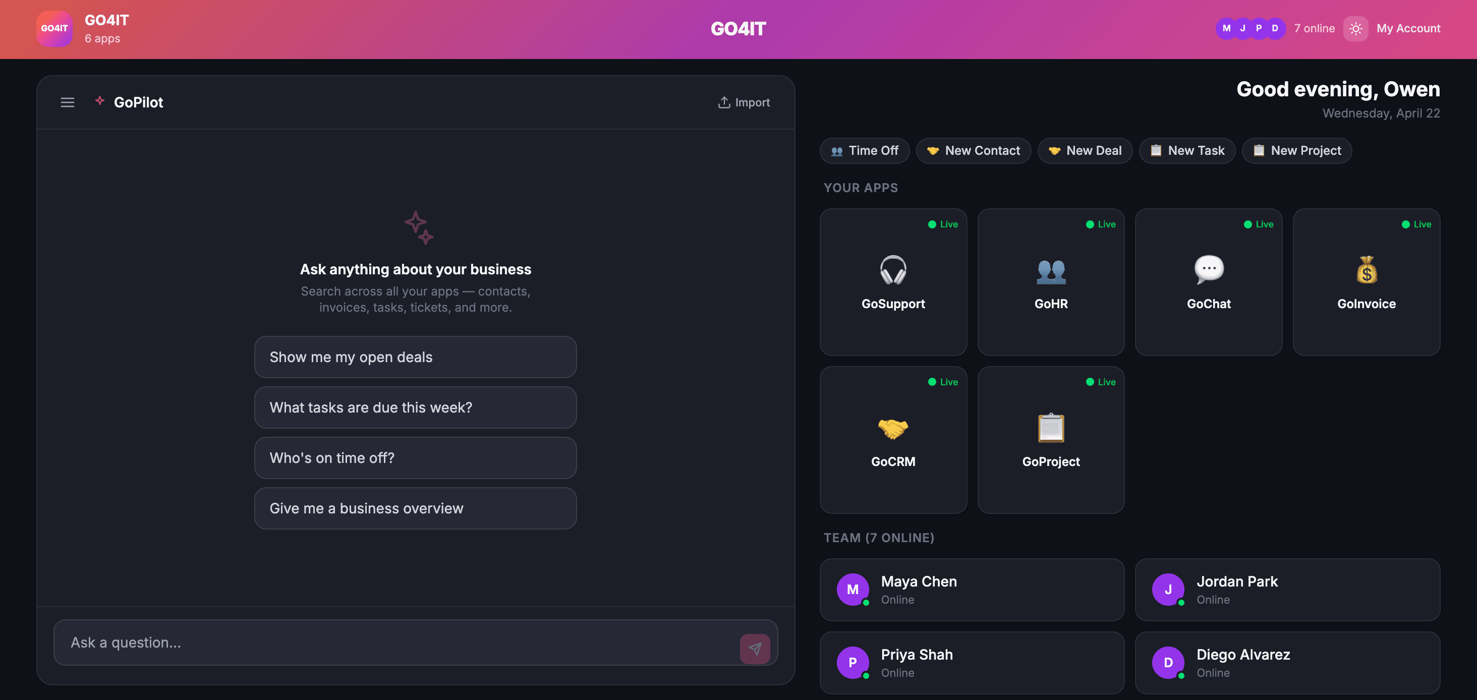 GO4IT org portal with GoPilot chat, apps grid, and team